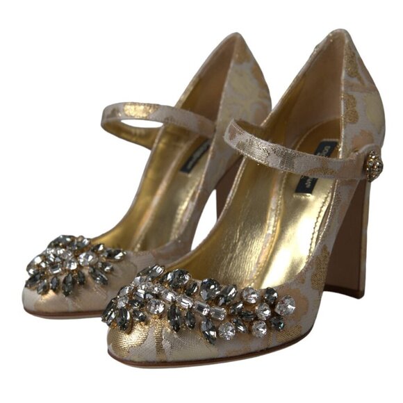 DOLCE & GABBANA Shoes Gold Leather Crystal Mary Janes Pumps  Dolce & Gabbana Dolce & Gabbana Gold Jacquard Crystal Mary Janes Pumps Shoes/EU3